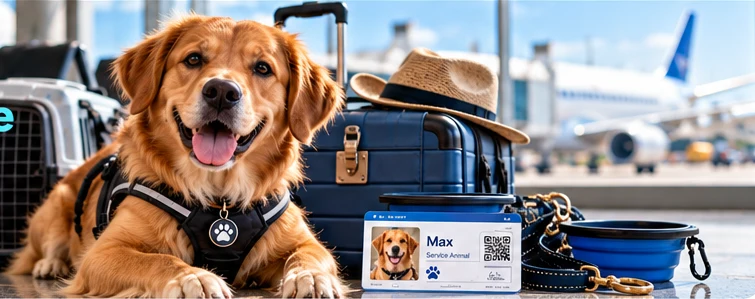 Max, a friendly dog with a digital pet identification card, ready to travel