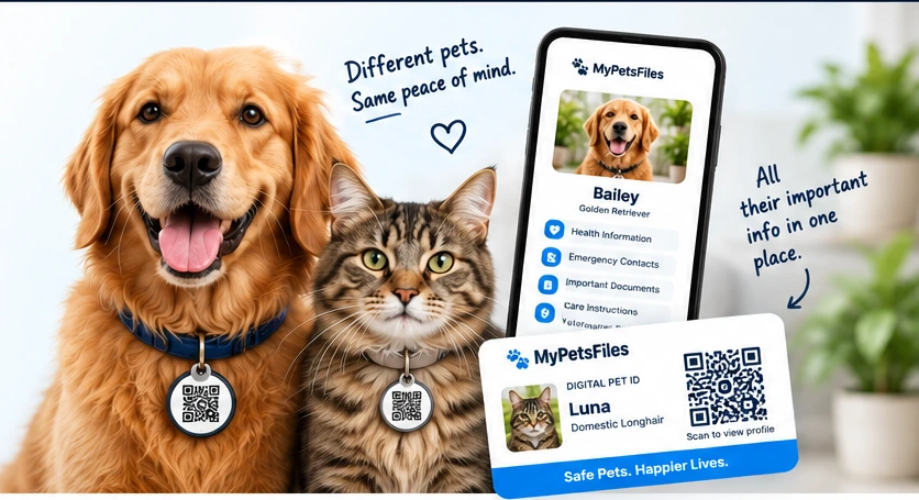 Golden retriever and tabby cat with MyPetsFiles Digital Pet ID, QR tags and mobile profile