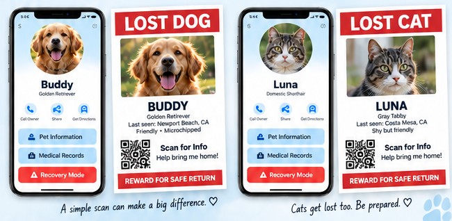 Example lost dog and lost cat recovery profiles and flyers